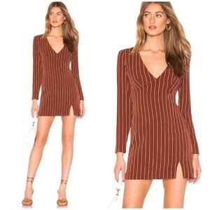 PRIVACY Please Curtis Striped Long Sleeve V Neck Mini Dress in Brown